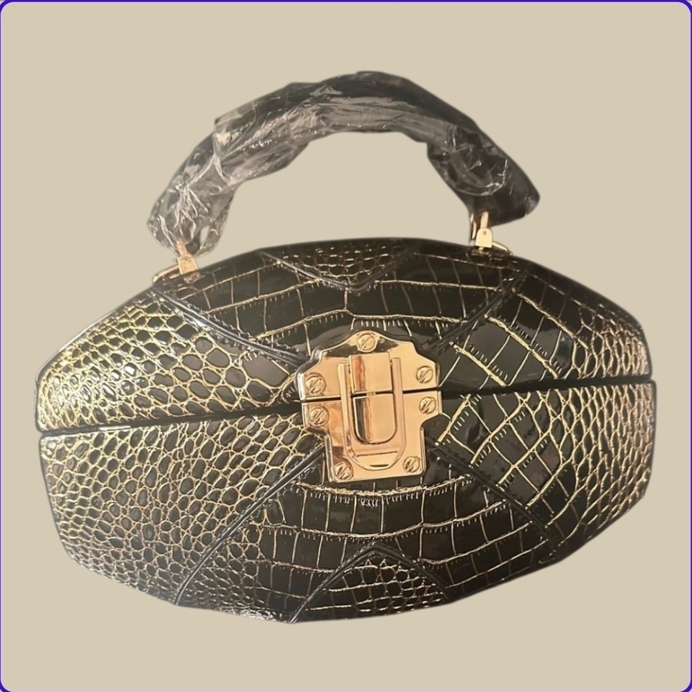Football Shaped, Brown and Gold Crossbody Bag, Goldtone Hardware, NWT - Picture 5 of 7